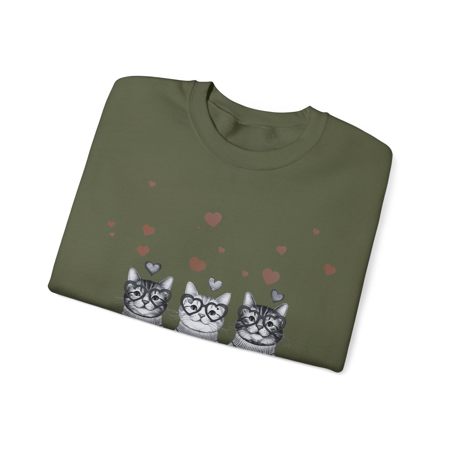 Cute Trio Cats Crewneck Sweatshirt — Three Kittens with Hearts Graphic