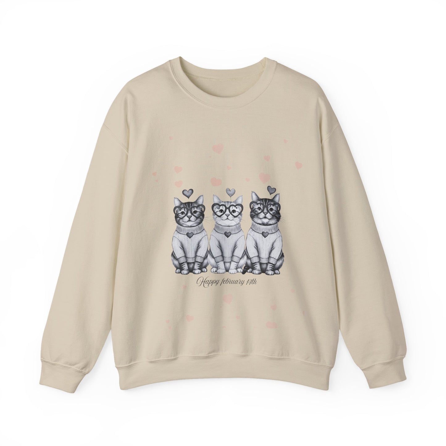 Cute Trio Cats Crewneck Sweatshirt — Three Kittens with Hearts Graphic