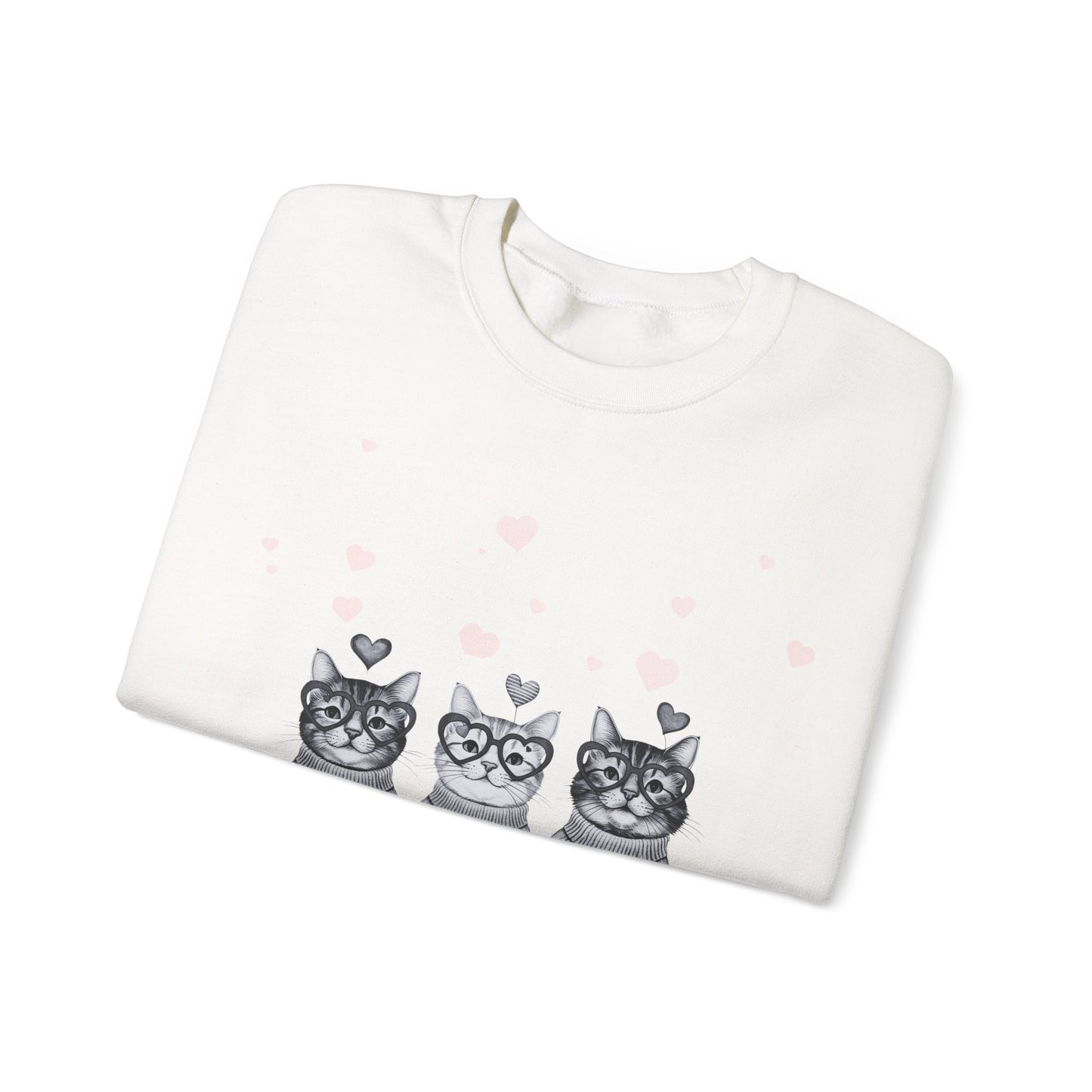 Cute Trio Cats Crewneck Sweatshirt — Three Kittens with Hearts Graphic
