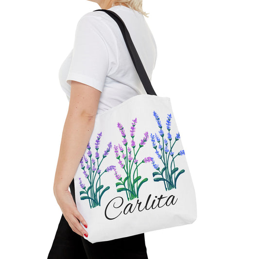 Lavender Bouquet Personalized Tote Bag — Custom Name Carlita Floral Market Tote
