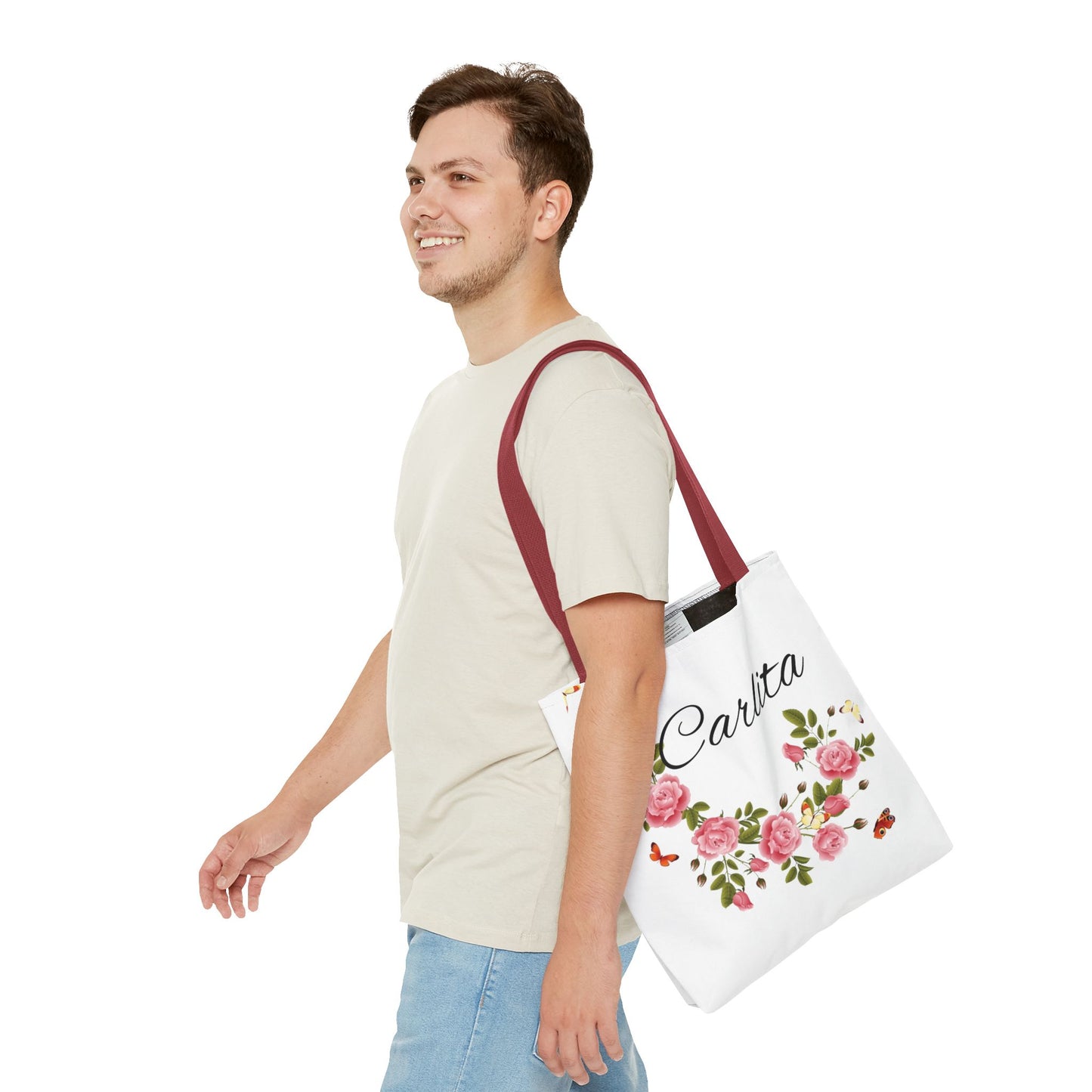 Personalized Floral Tote Bag – "Carlita" Name Rose Wreath Shoulder Tote