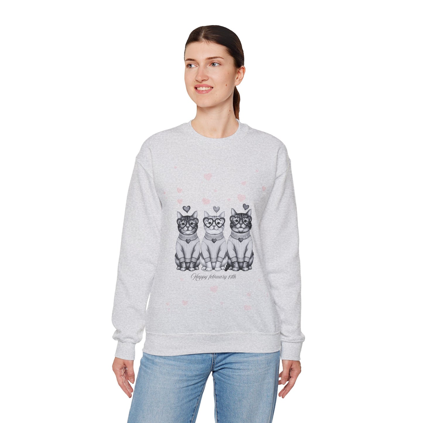 Cute Trio Cats Crewneck Sweatshirt — Three Kittens with Hearts Graphic