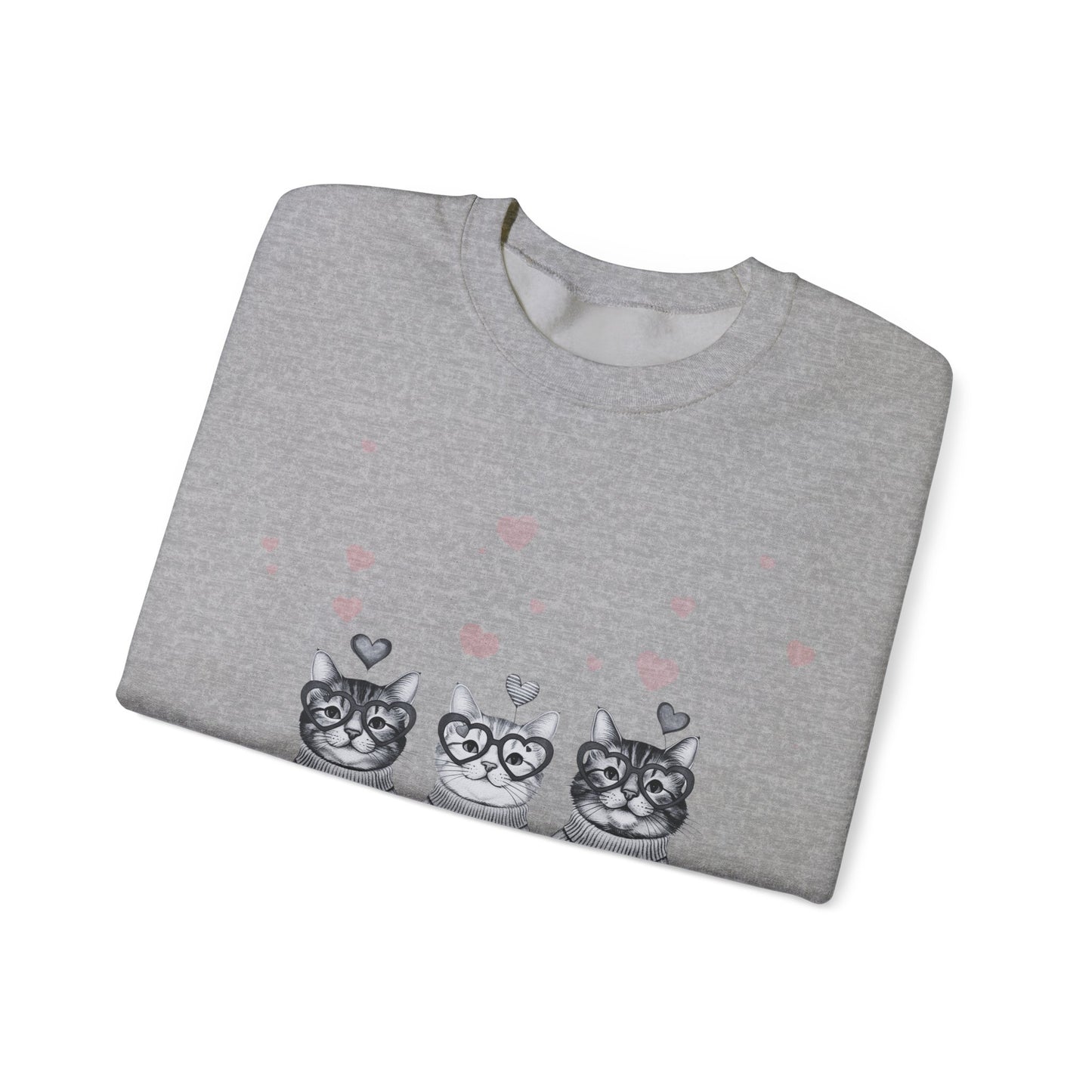 Cute Trio Cats Crewneck Sweatshirt — Three Kittens with Hearts Graphic
