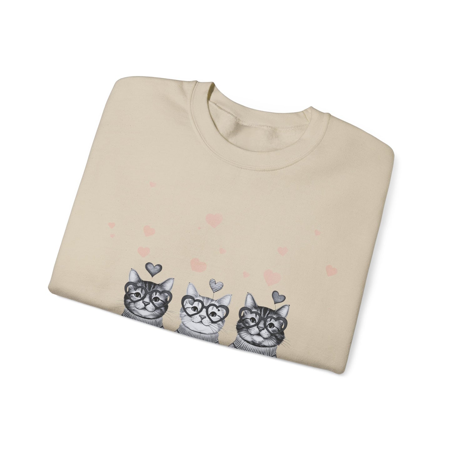 Cute Trio Cats Crewneck Sweatshirt — Three Kittens with Hearts Graphic