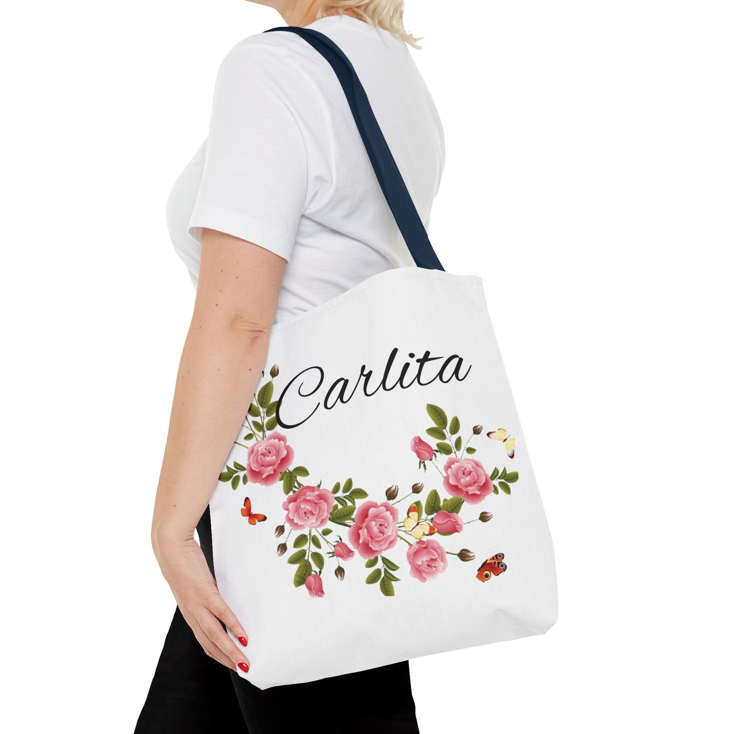 Personalized Floral Tote Bag – "Carlita" Name Rose Wreath Shoulder Tote