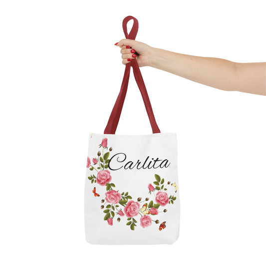 Personalized Floral Tote Bag – "Carlita" Name Rose Wreath Shoulder Tote