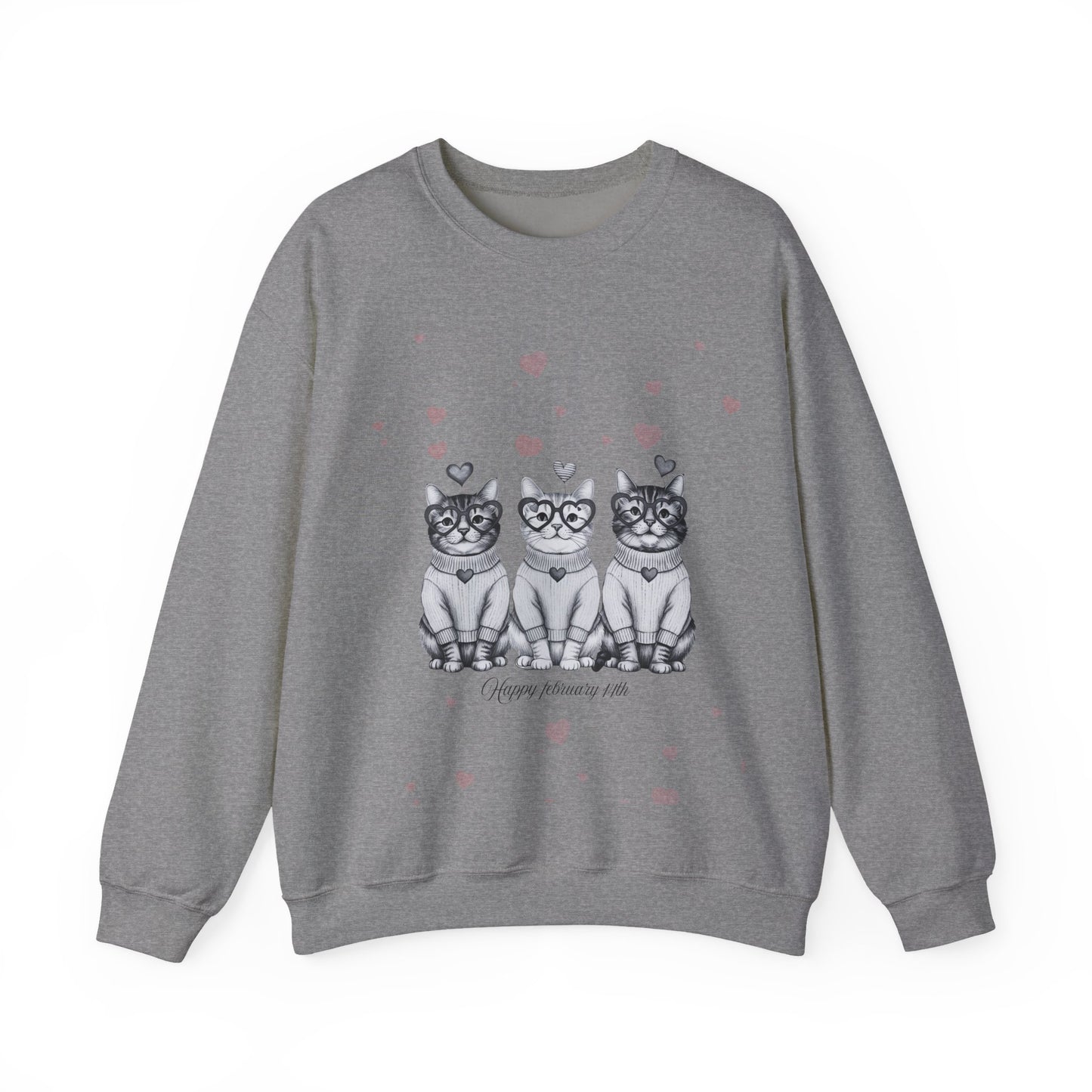 Cute Trio Cats Crewneck Sweatshirt — Three Kittens with Hearts Graphic