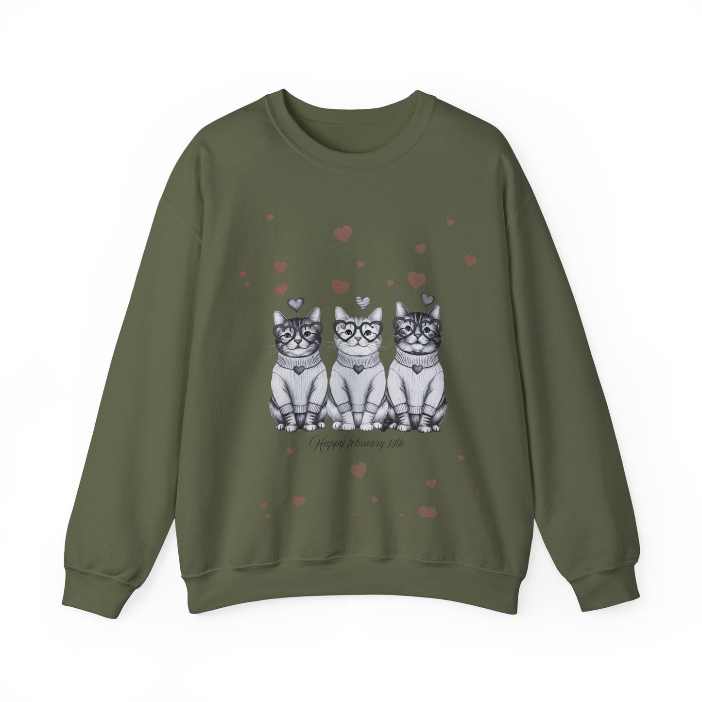 Cute Trio Cats Crewneck Sweatshirt — Three Kittens with Hearts Graphic