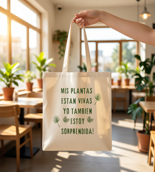 Tote Bag — "Mis plantas están vivas, yo también estoy sorprendida" Spanish Plant Lover Canvas Tote