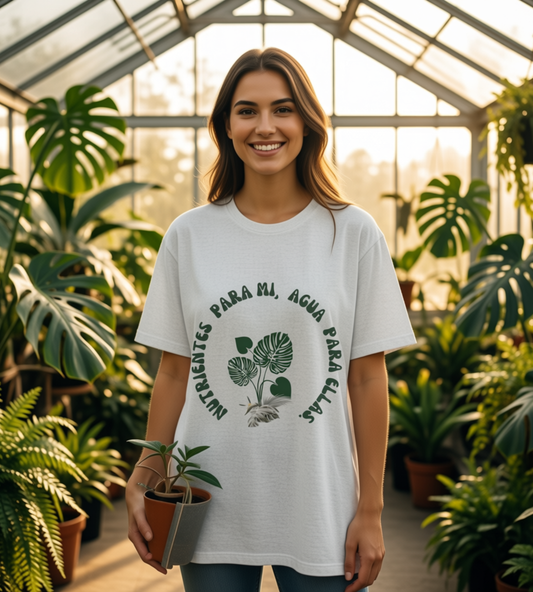 Plant Lover T‑Shirt — “Nutrientes para mí, agua para ellas” Botanical Graphic Tee