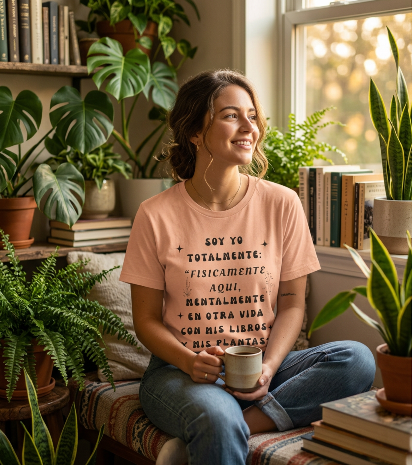 T-Shirt — Soy yo totalmente “Físicamente aquí, mentalmente en otra vida” (Spanish Book & Plants Quote)