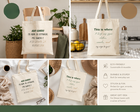 Tote Bag - "Aquí guardo mi ropa de gimnasio, mis snacks y mis ganas de penalizar" Spanish Gym Humor Canvas Tote