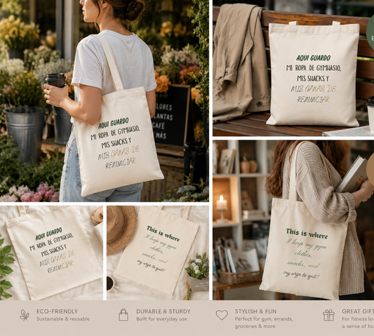Tote Bag - "Aquí guardo mi ropa de gimnasio, mis snacks y mis ganas de penalizar" Spanish Gym Humor Canvas Tote