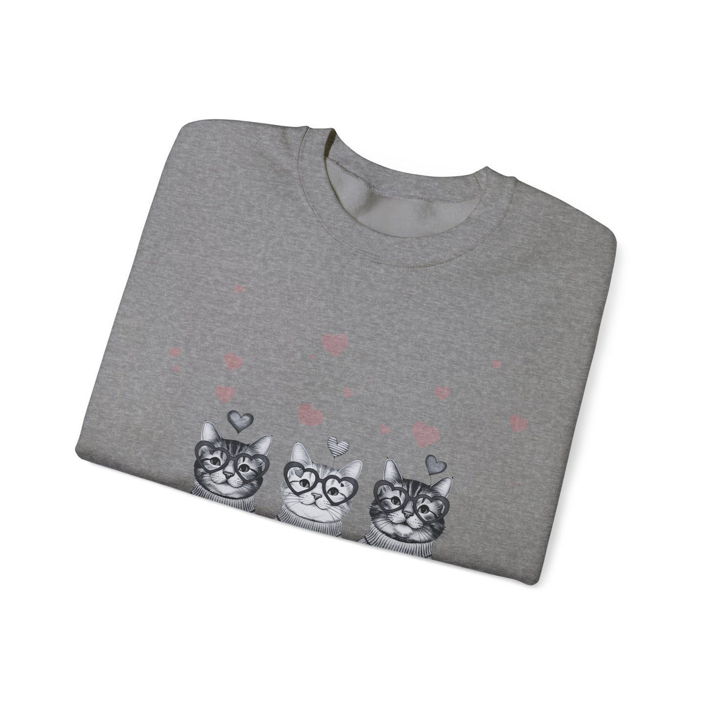Cute Trio Cats Crewneck Sweatshirt — Three Kittens with Hearts Graphic