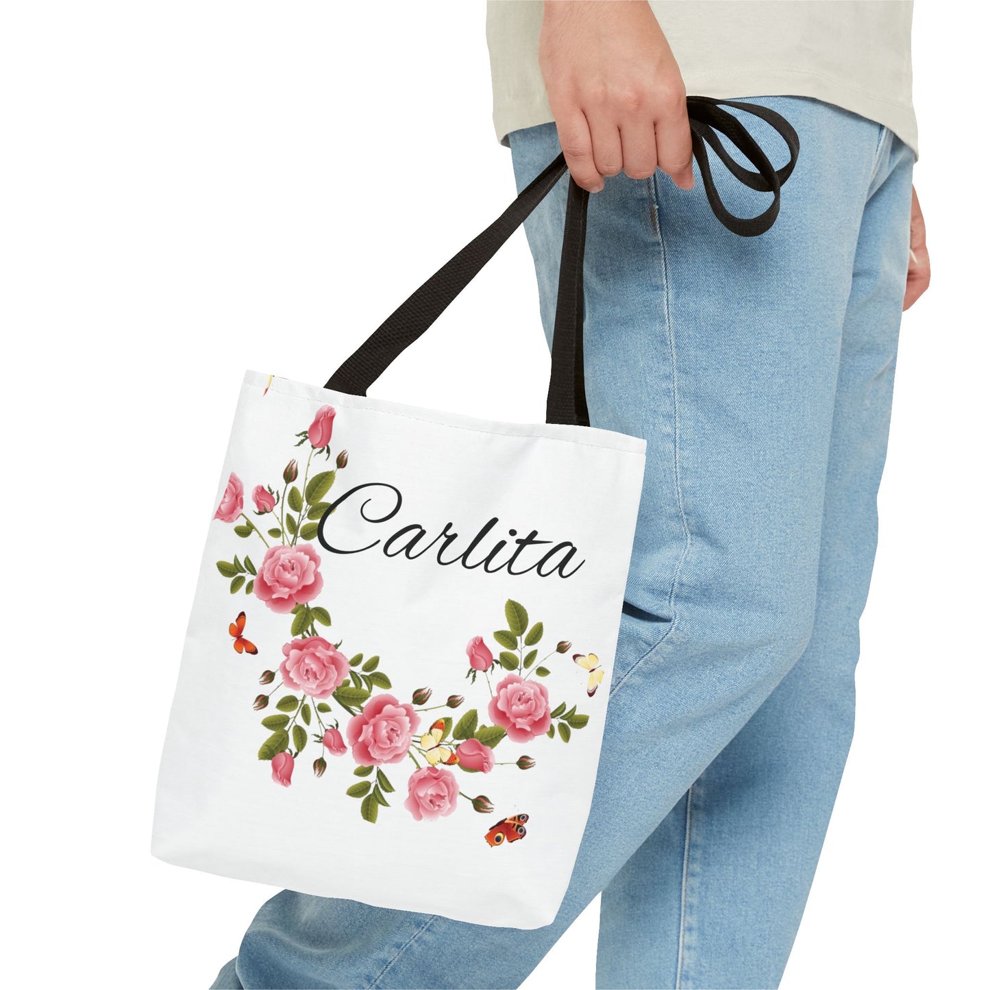 Personalized Floral Tote Bag – "Carlita" Name Rose Wreath Shoulder Tote