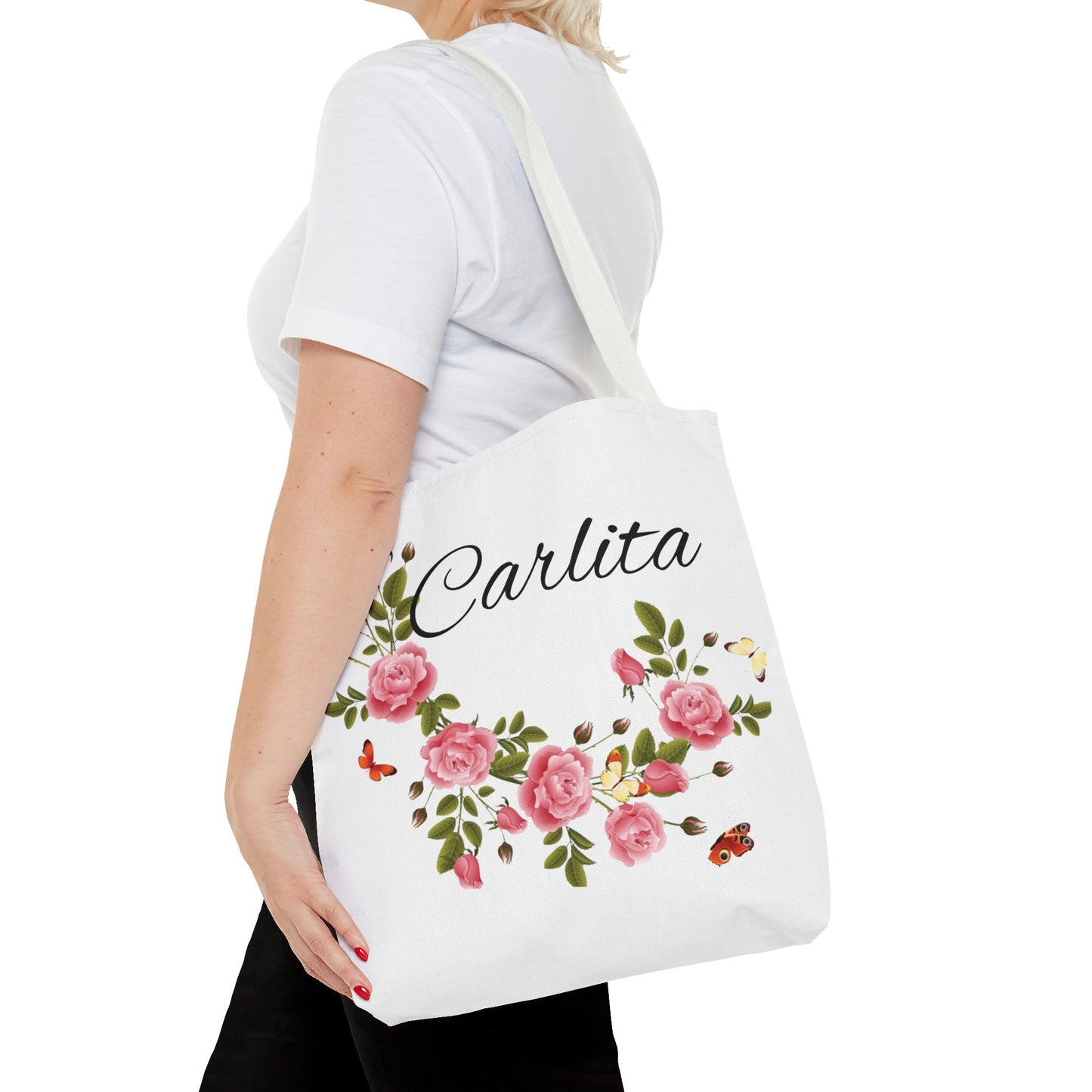 Personalized Floral Tote Bag – "Carlita" Name Rose Wreath Shoulder Tote