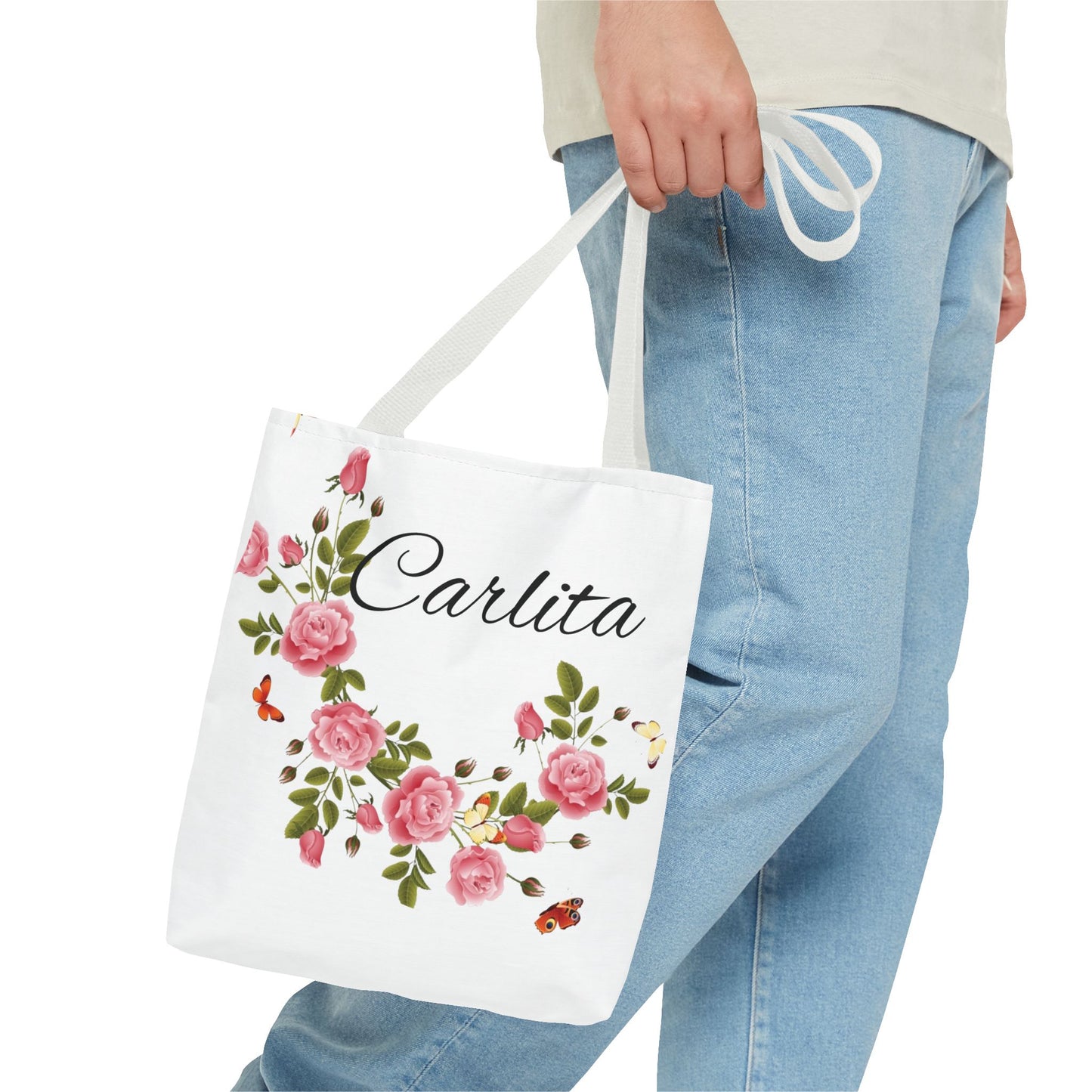 Personalized Floral Tote Bag – "Carlita" Name Rose Wreath Shoulder Tote