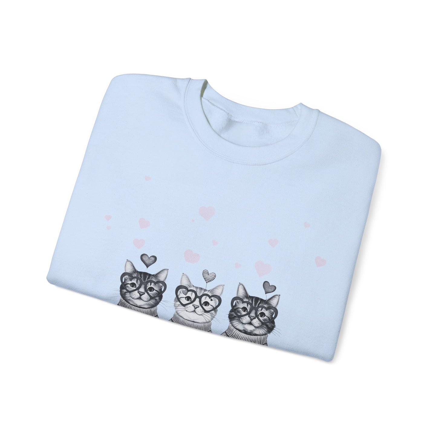 Cute Trio Cats Crewneck Sweatshirt — Three Kittens with Hearts Graphic