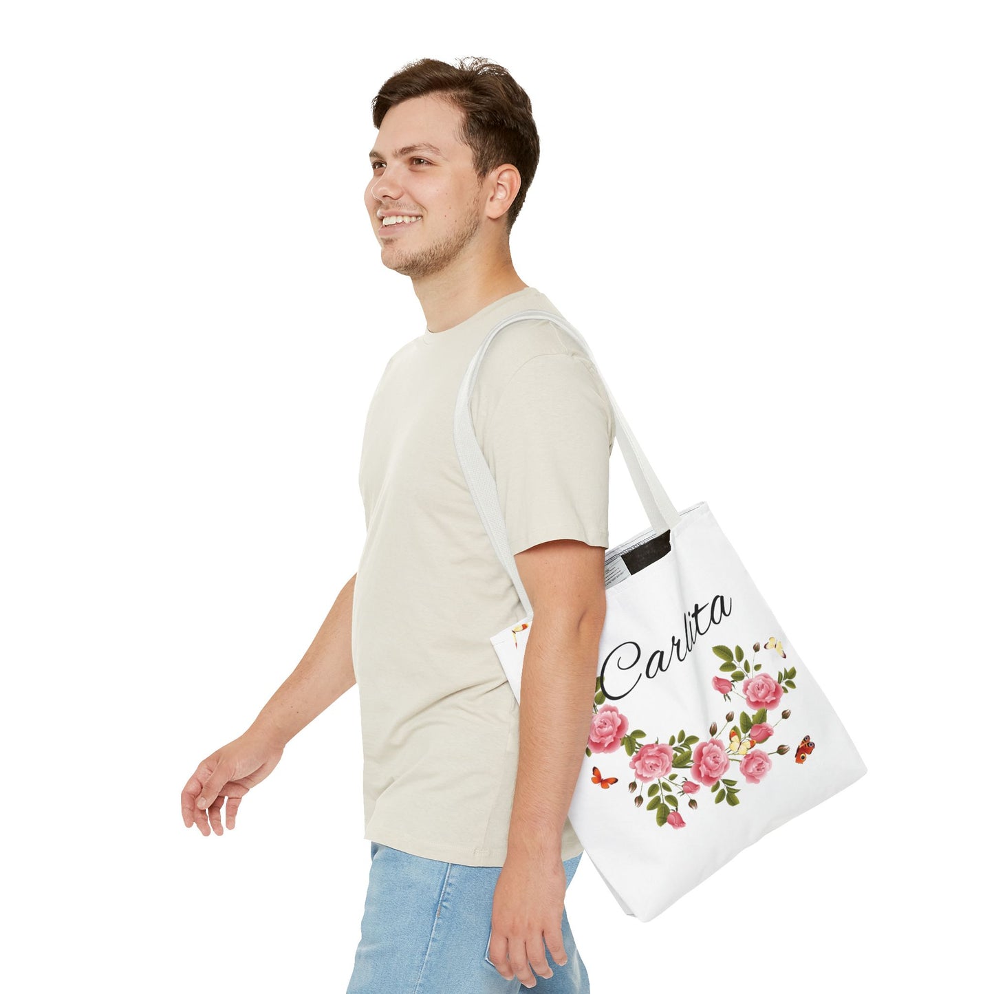 Personalized Floral Tote Bag – "Carlita" Name Rose Wreath Shoulder Tote