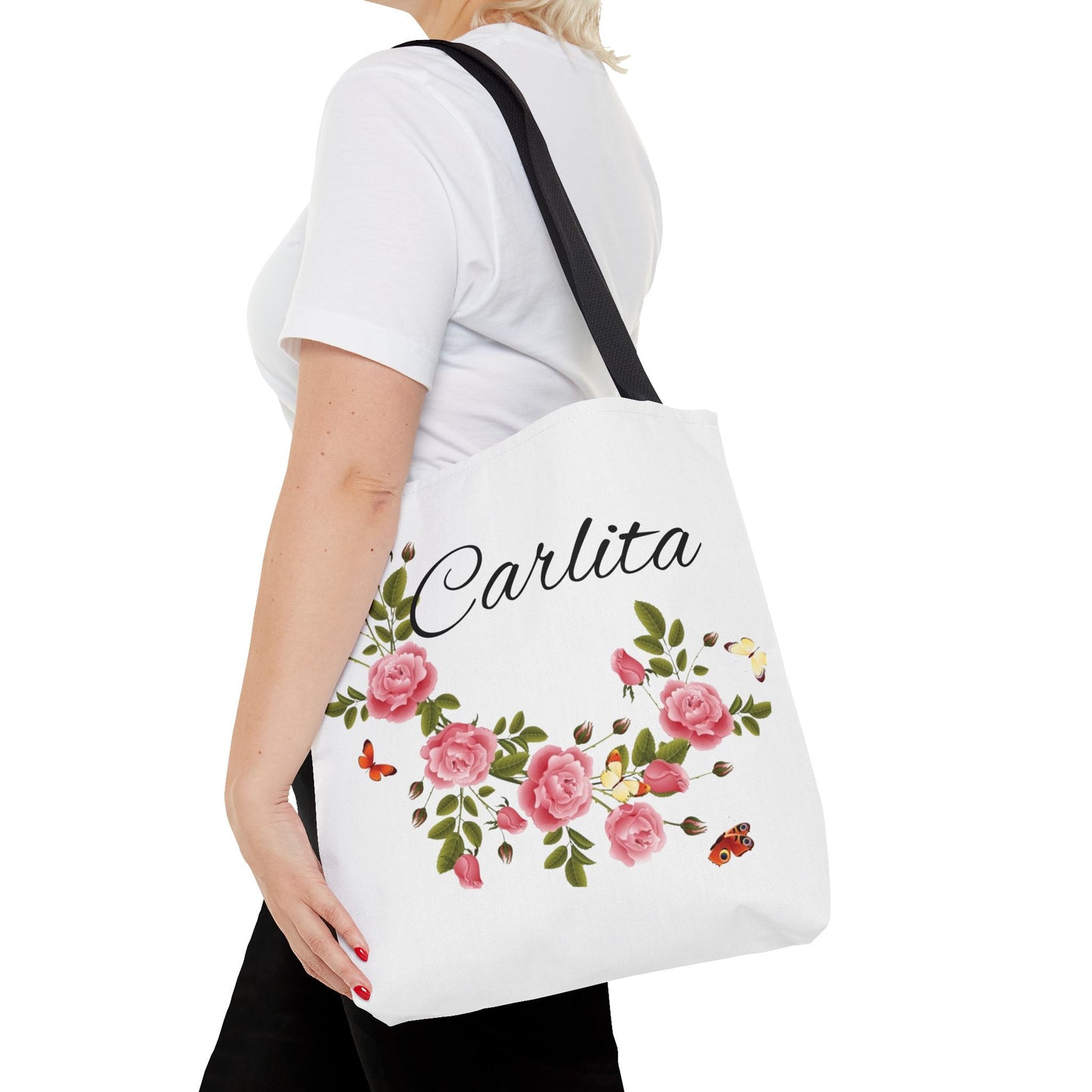 Personalized Floral Tote Bag – "Carlita" Name Rose Wreath Shoulder Tote