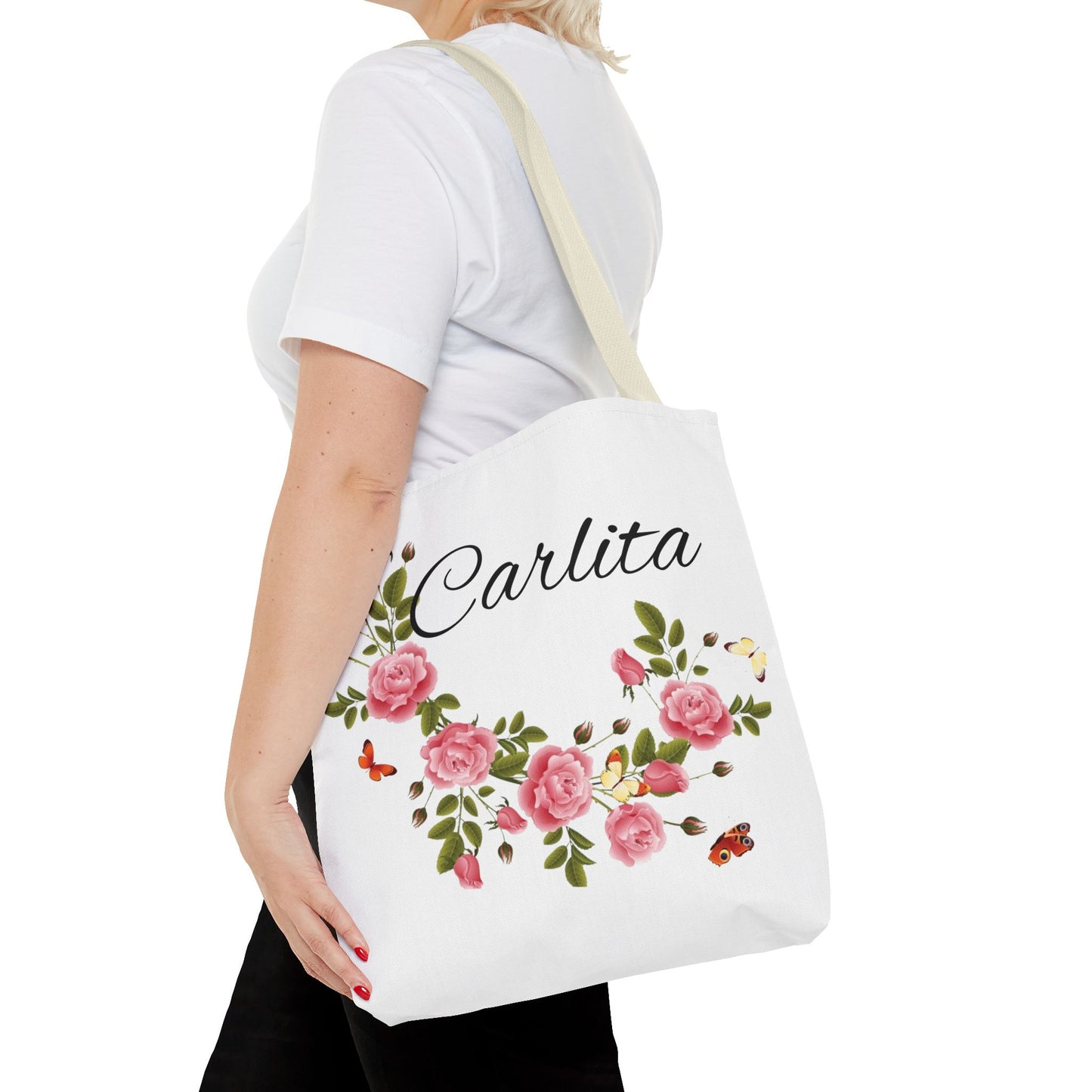 Personalized Floral Tote Bag – "Carlita" Name Rose Wreath Shoulder Tote