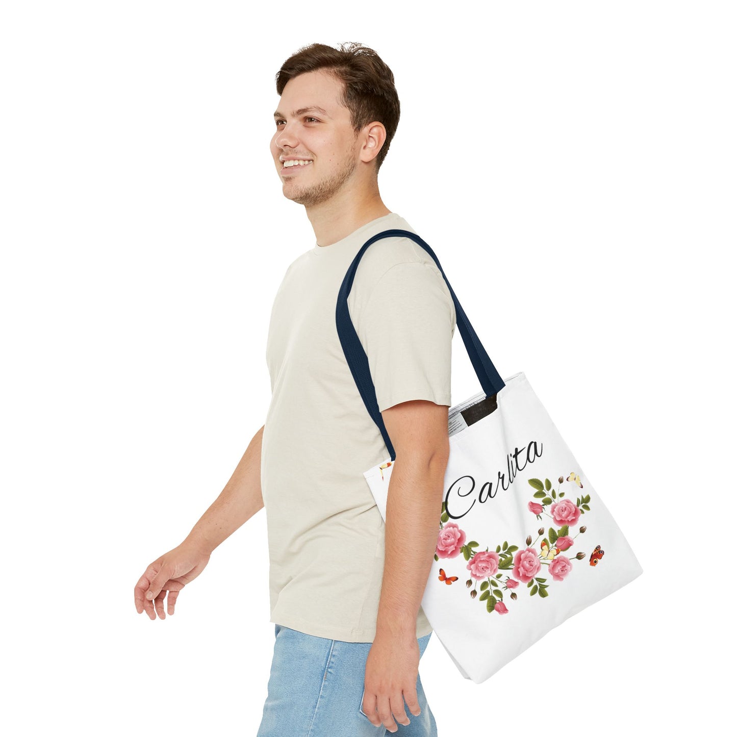 Personalized Floral Tote Bag – "Carlita" Name Rose Wreath Shoulder Tote